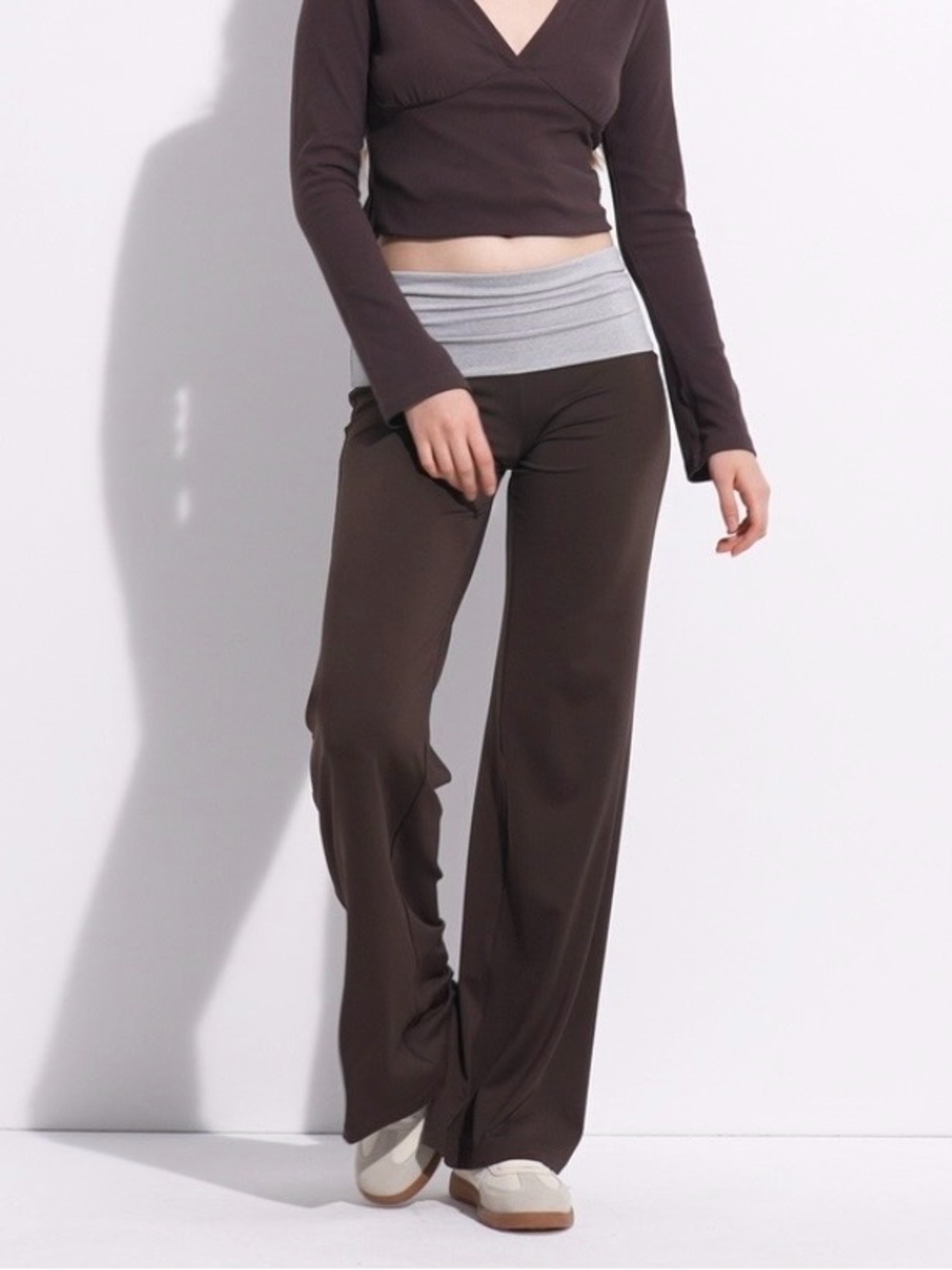 Wild fable Brown Wide-Leg Lounge Pants with Light Gray Fold-Over Waistband